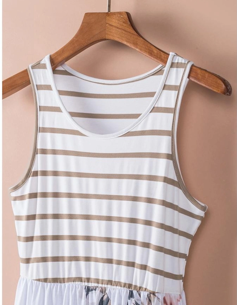 White Striped Floral Print Sleeveless Maxi Dress with Pocket