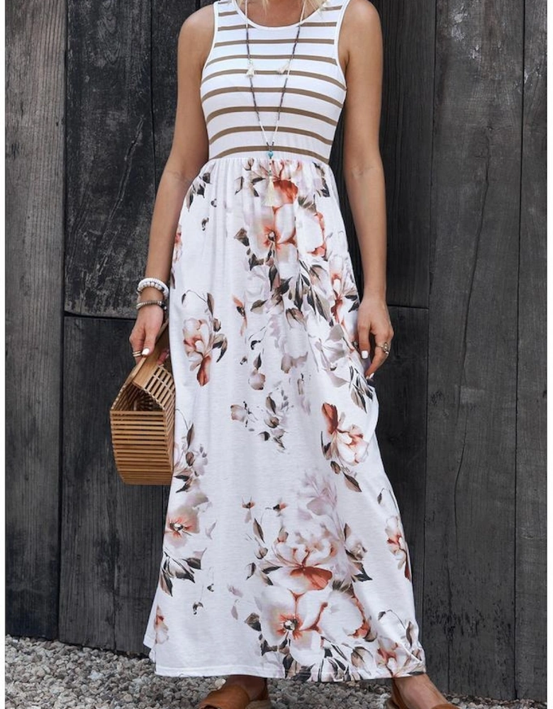 White Striped Floral Print Sleeveless Maxi Dress with Pocket