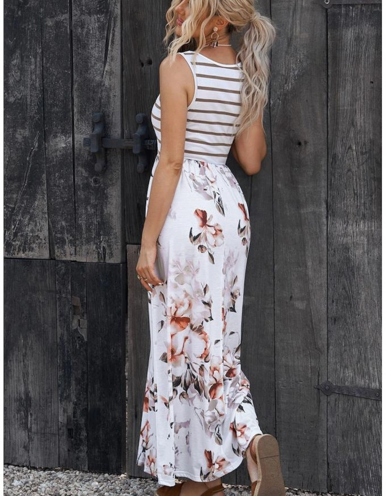 White Striped Floral Print Sleeveless Maxi Dress with Pocket