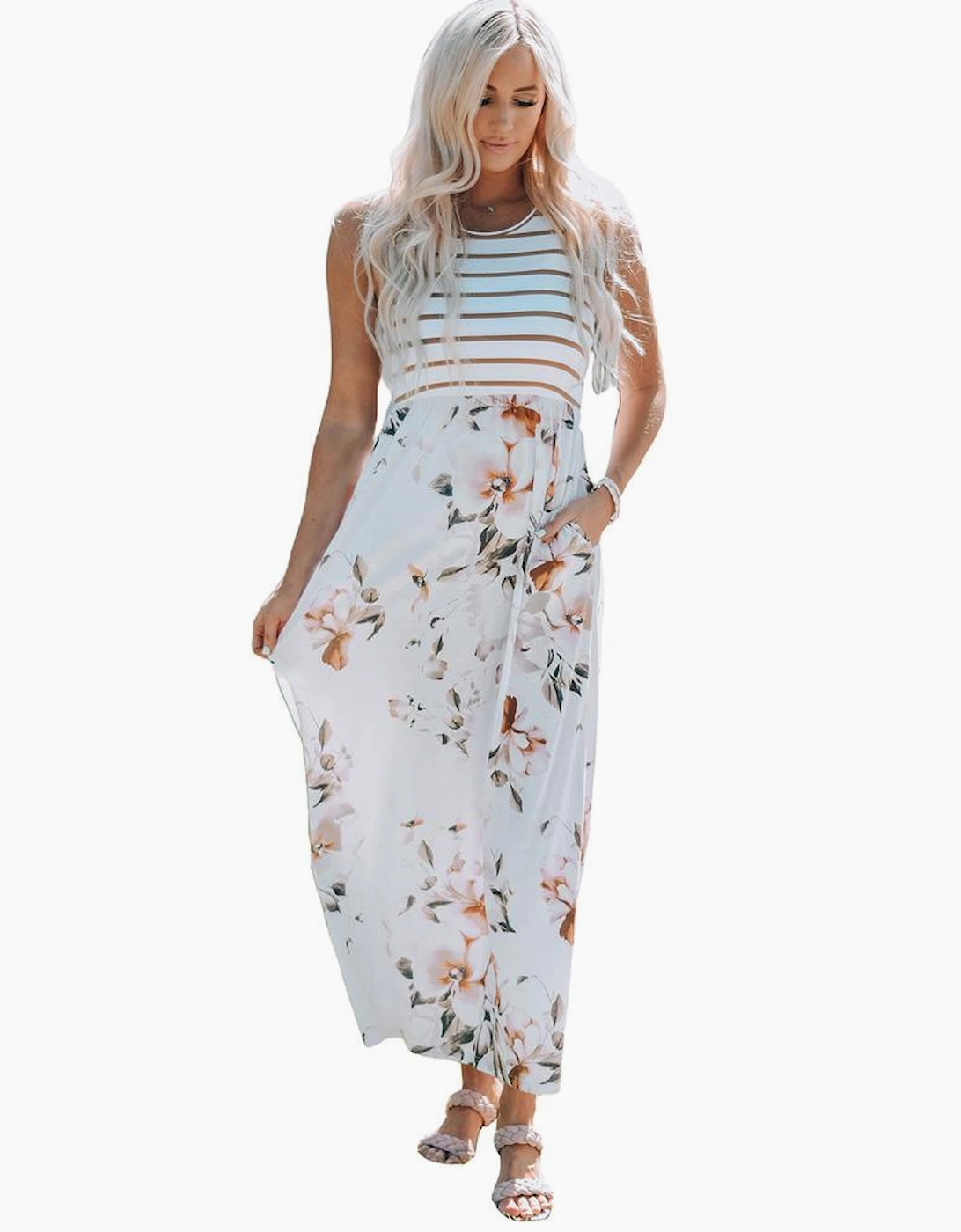 White Striped Floral Print Sleeveless Maxi Dress with Pocket