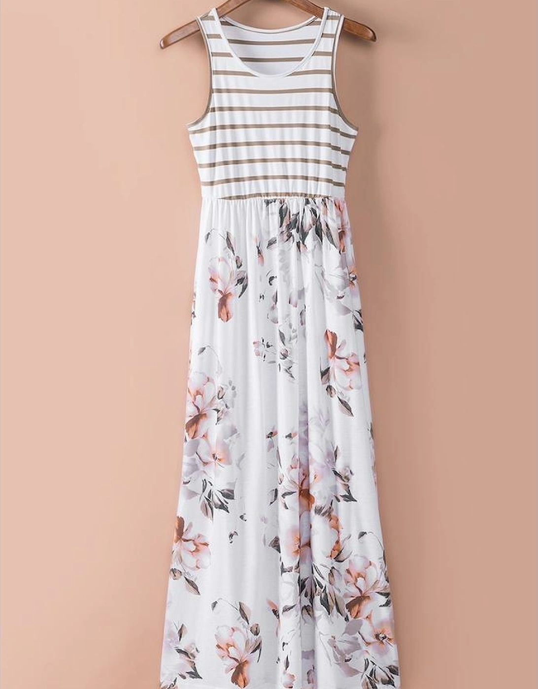 White Striped Floral Print Sleeveless Maxi Dress with Pocket