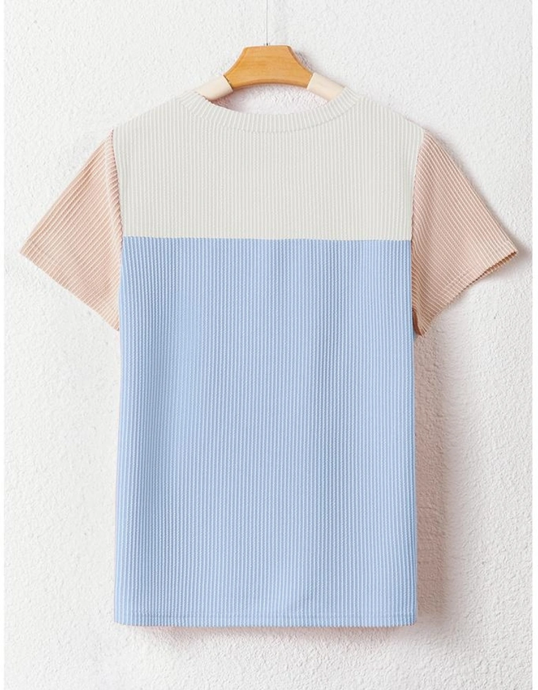 Light Blue Rib Textured Colorblock T Shirt
