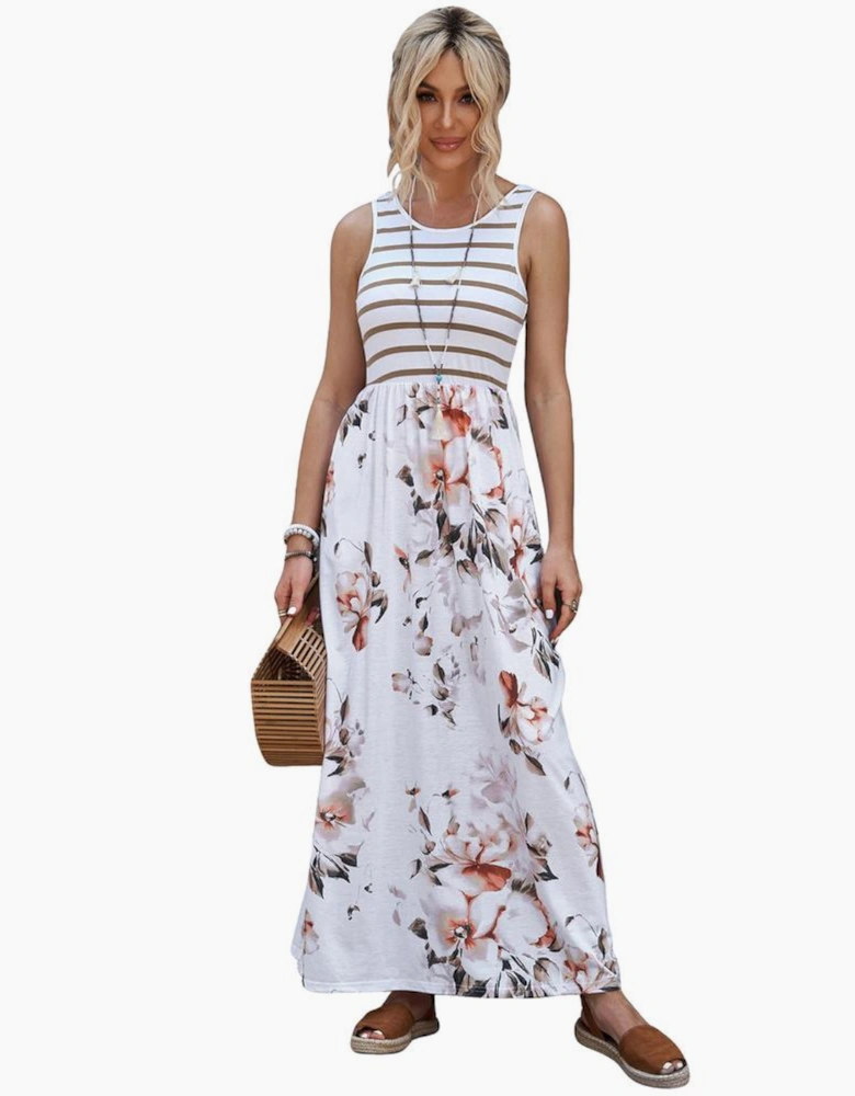 White Striped Floral Print Sleeveless Maxi Dress with Pocket