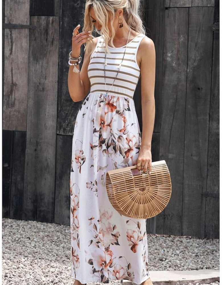 White Striped Floral Print Sleeveless Maxi Dress with Pocket