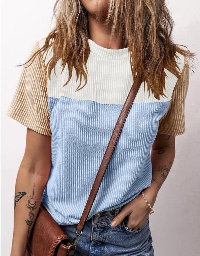 Light Blue Rib Textured Colorblock T Shirt