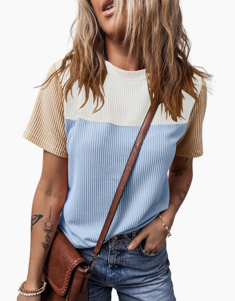 Light Blue Rib Textured Colorblock T Shirt