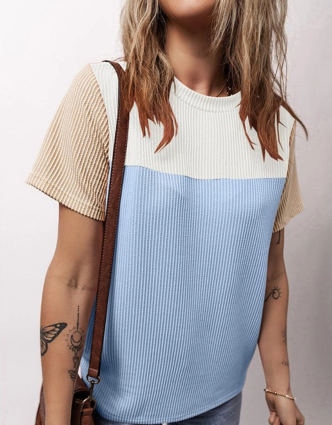Light Blue Rib Textured Colorblock T Shirt
