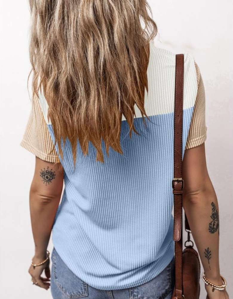 Light Blue Rib Textured Colorblock T Shirt