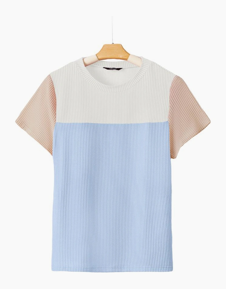 Light Blue Rib Textured Colorblock T Shirt