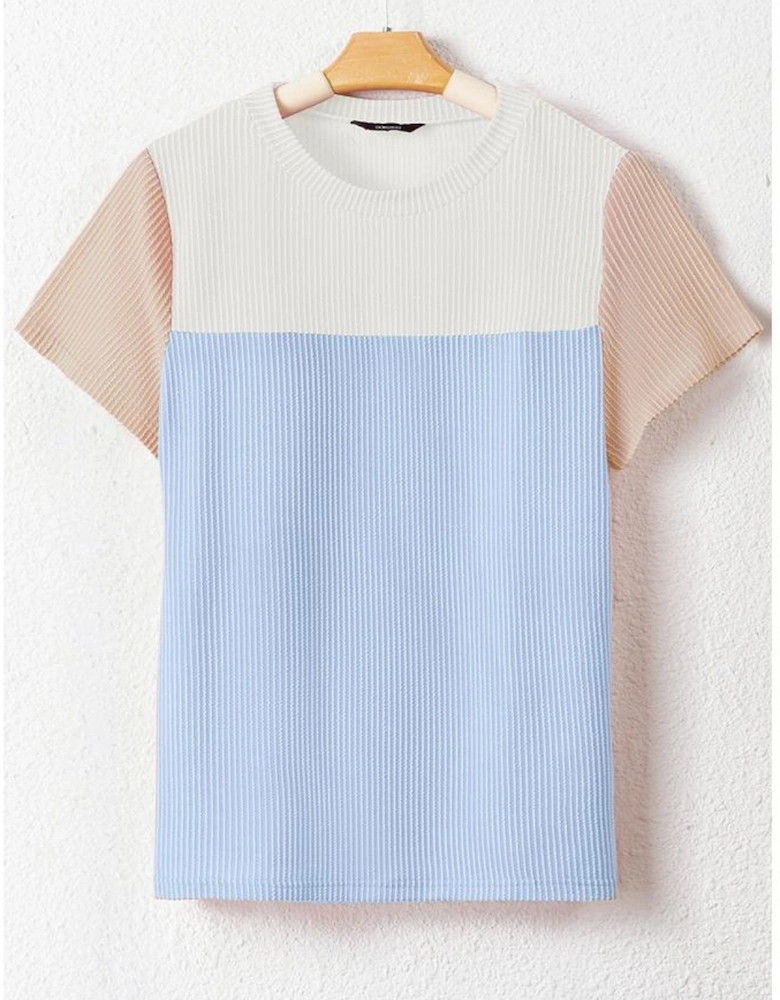 Light Blue Rib Textured Colorblock T Shirt