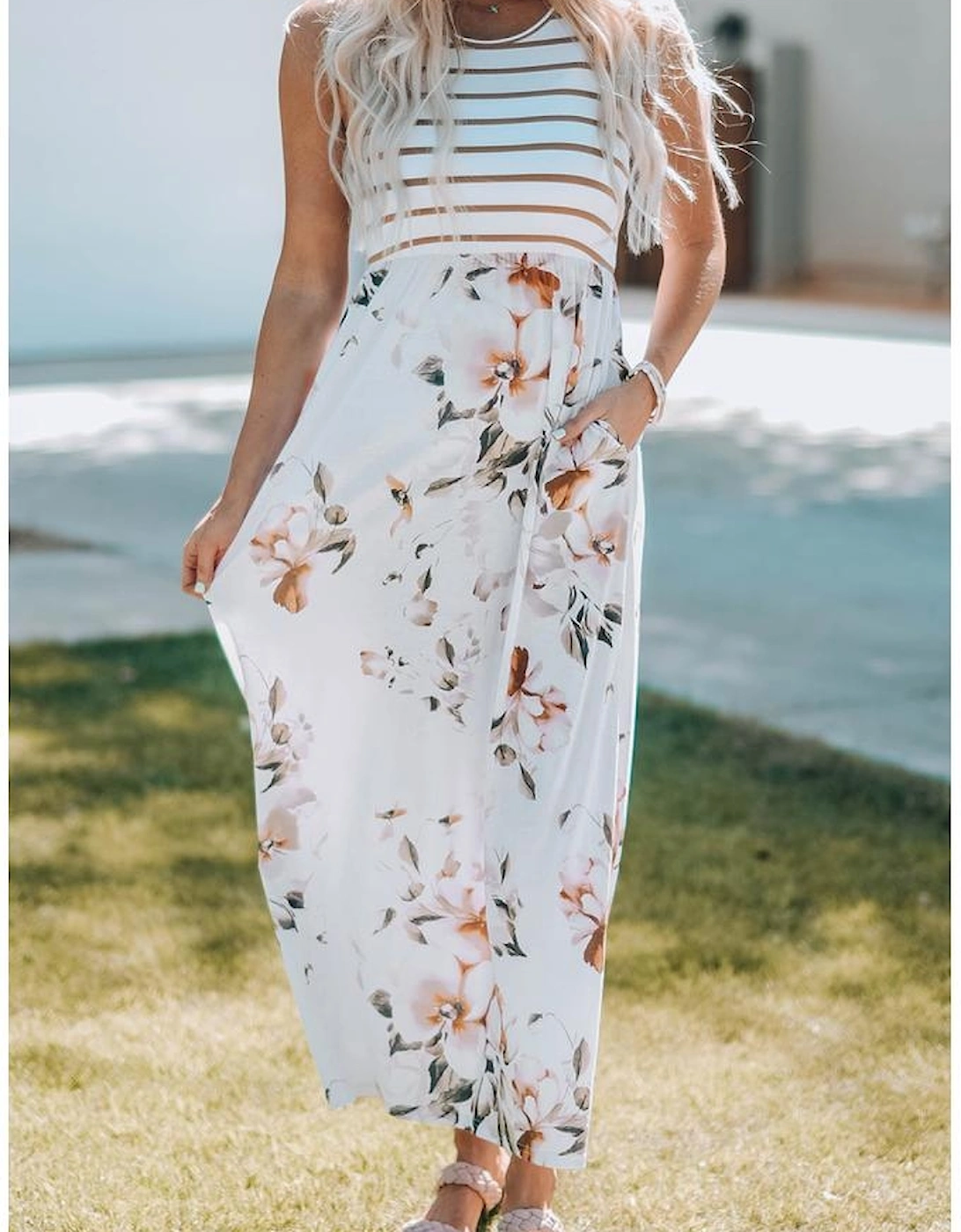 White Striped Floral Print Sleeveless Maxi Dress with Pocket