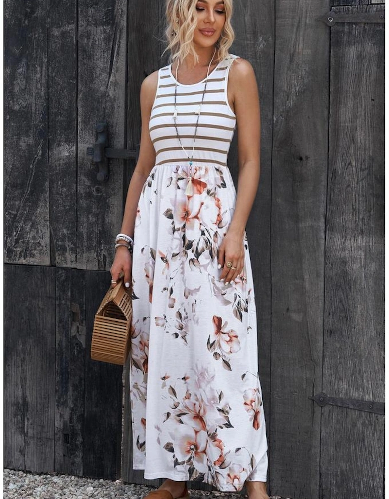 White Striped Floral Print Sleeveless Maxi Dress with Pocket