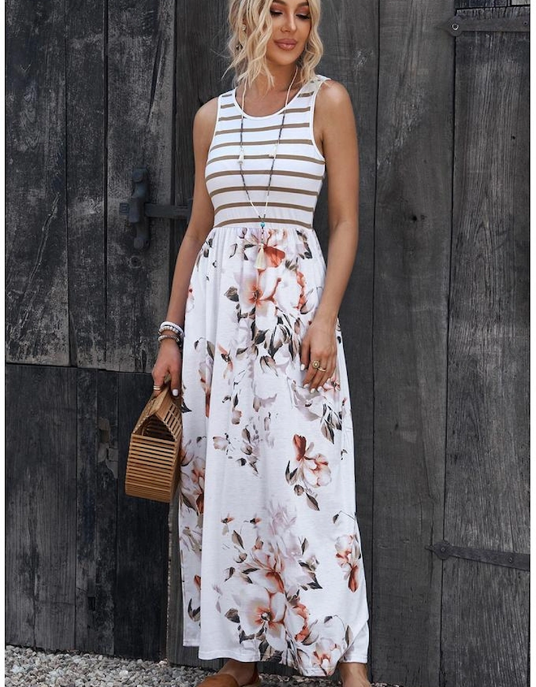 White Striped Floral Print Sleeveless Maxi Dress with Pocket