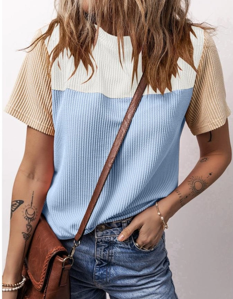 Light Blue Rib Textured Colorblock T Shirt