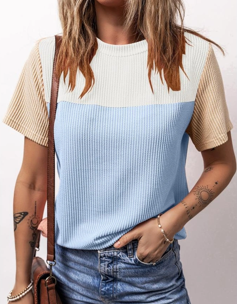 Light Blue Rib Textured Colorblock T Shirt