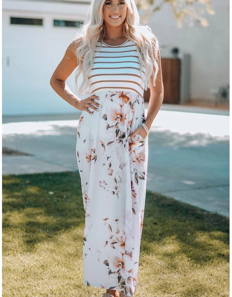 White Striped Floral Print Sleeveless Maxi Dress with Pocket