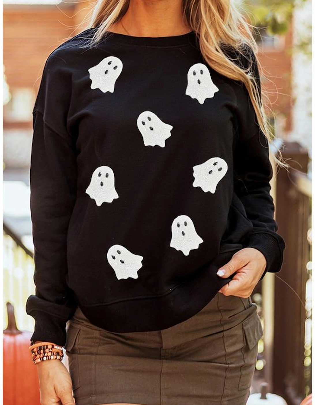 Black Sequin Halloween Ghost Patched Drop Shoulder Sweatshirt