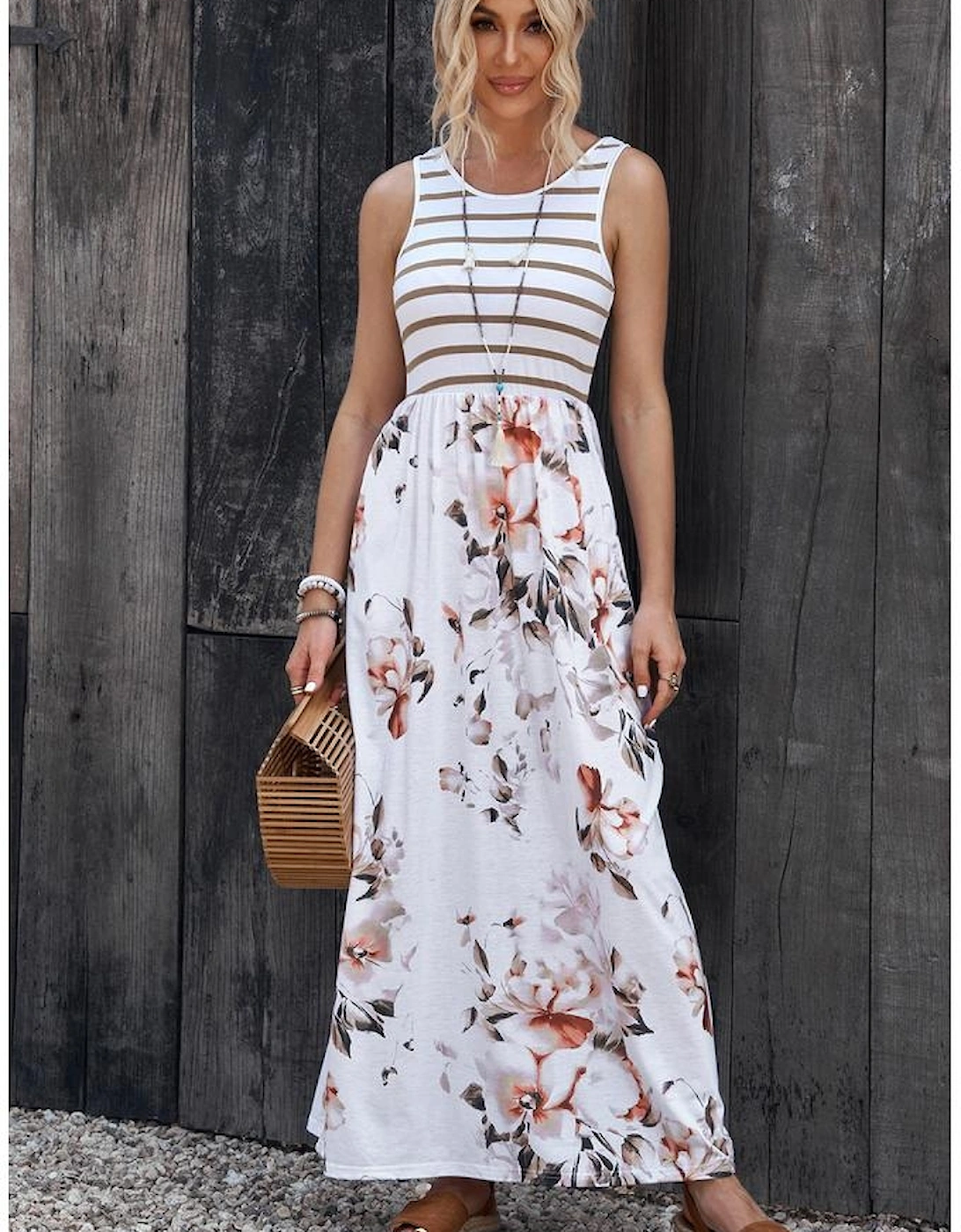 White Striped Floral Print Sleeveless Maxi Dress with Pocket