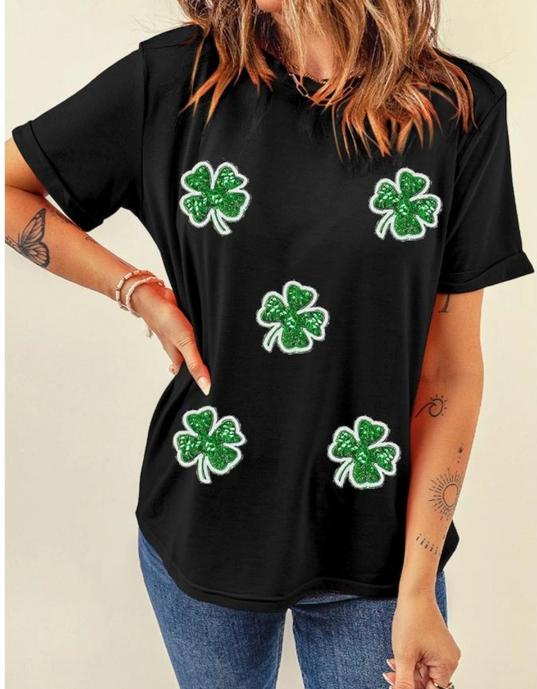 Black Four Leaf Clover Graphic St. Patricks Crewneck Tee