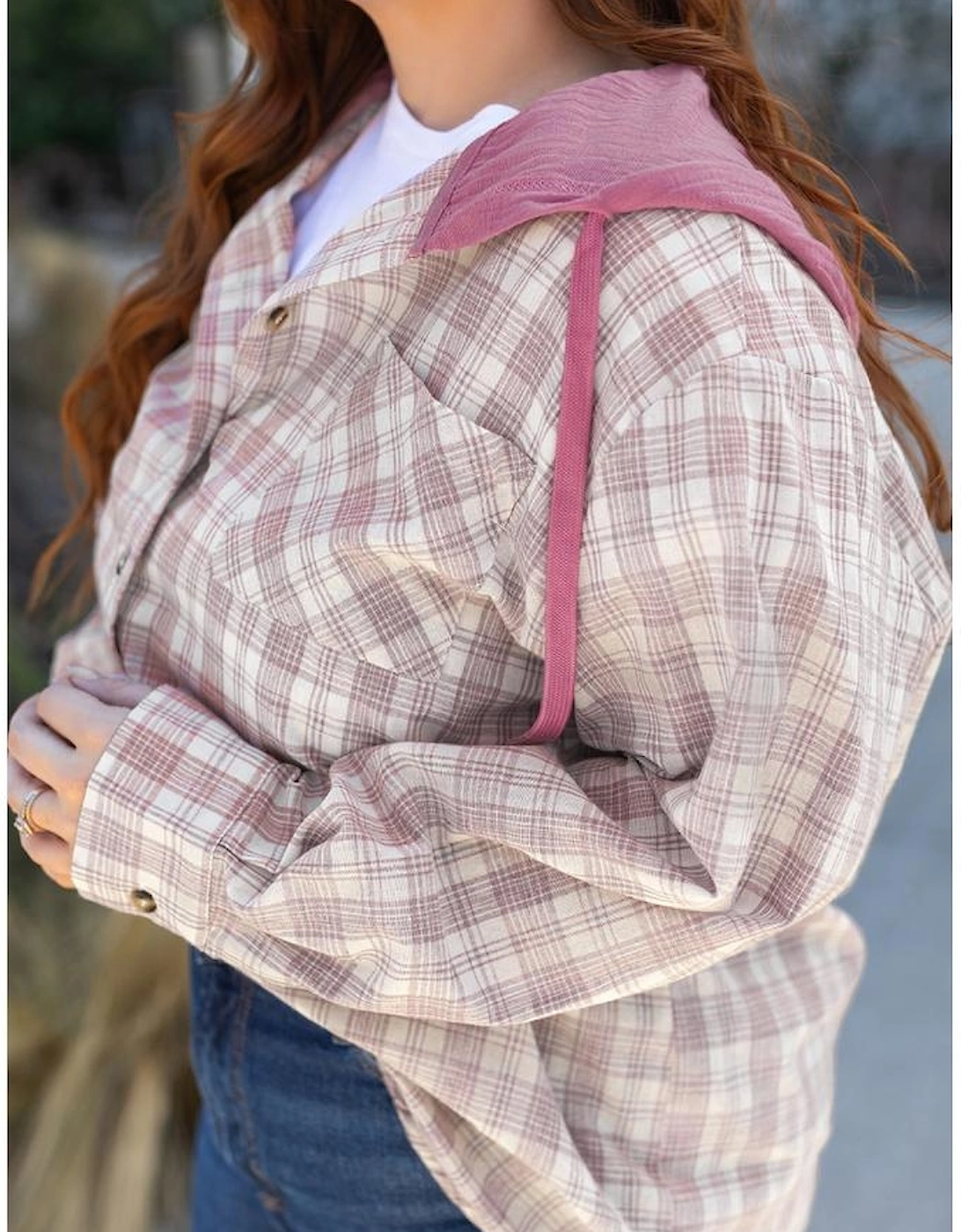 Bonbon Plaid Print Drawstring Hooded Button-up Plus Size Shirt