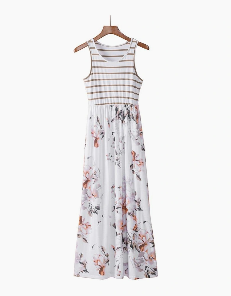 White Striped Floral Print Sleeveless Maxi Dress with Pocket