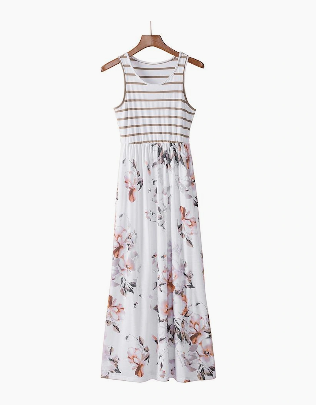 White Striped Floral Print Sleeveless Maxi Dress with Pocket, 16 of 15
