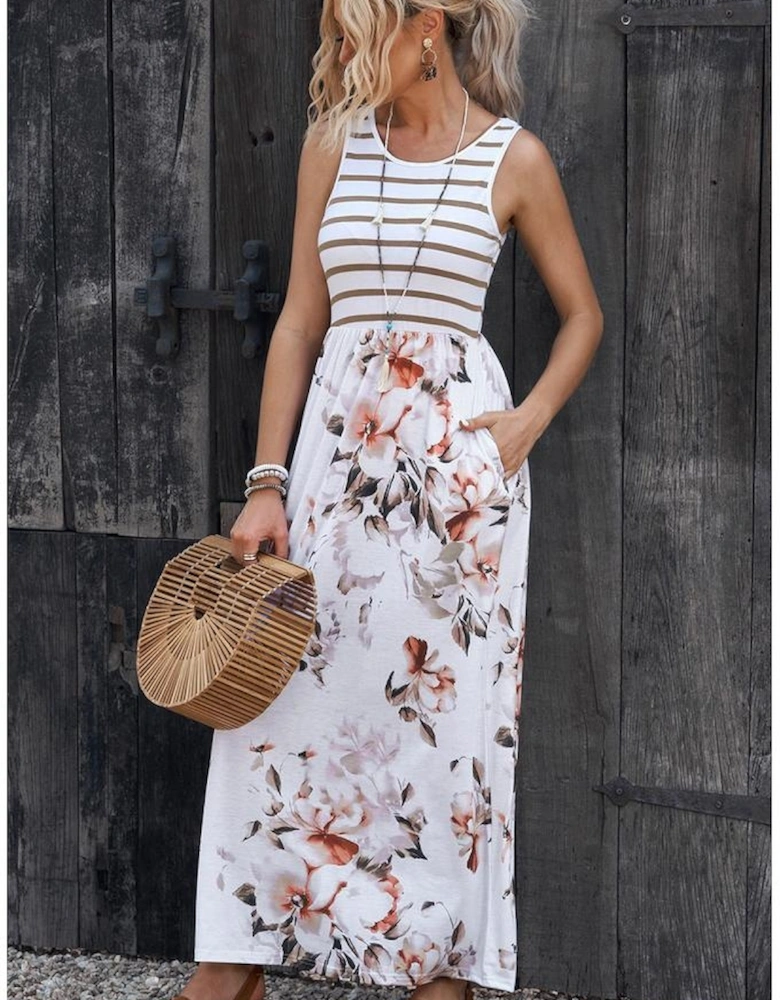 White Striped Floral Print Sleeveless Maxi Dress with Pocket