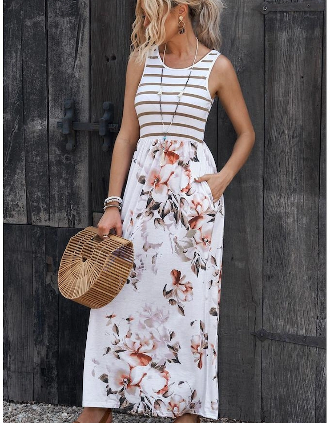 White Striped Floral Print Sleeveless Maxi Dress with Pocket