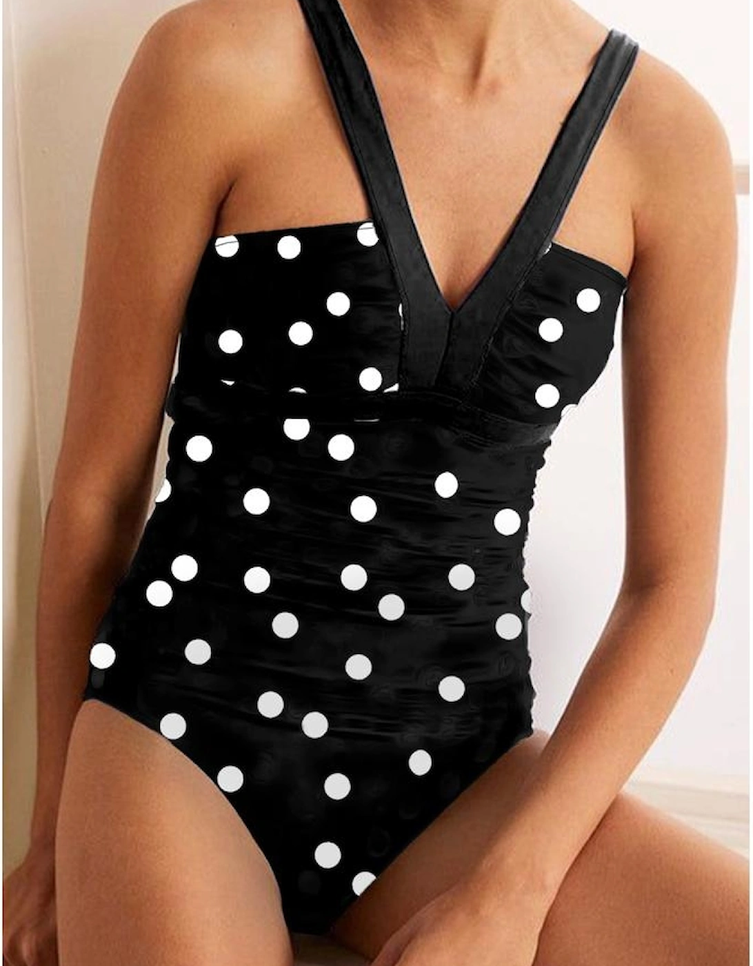 Black Polka Dot Print V Neck Tankini Set