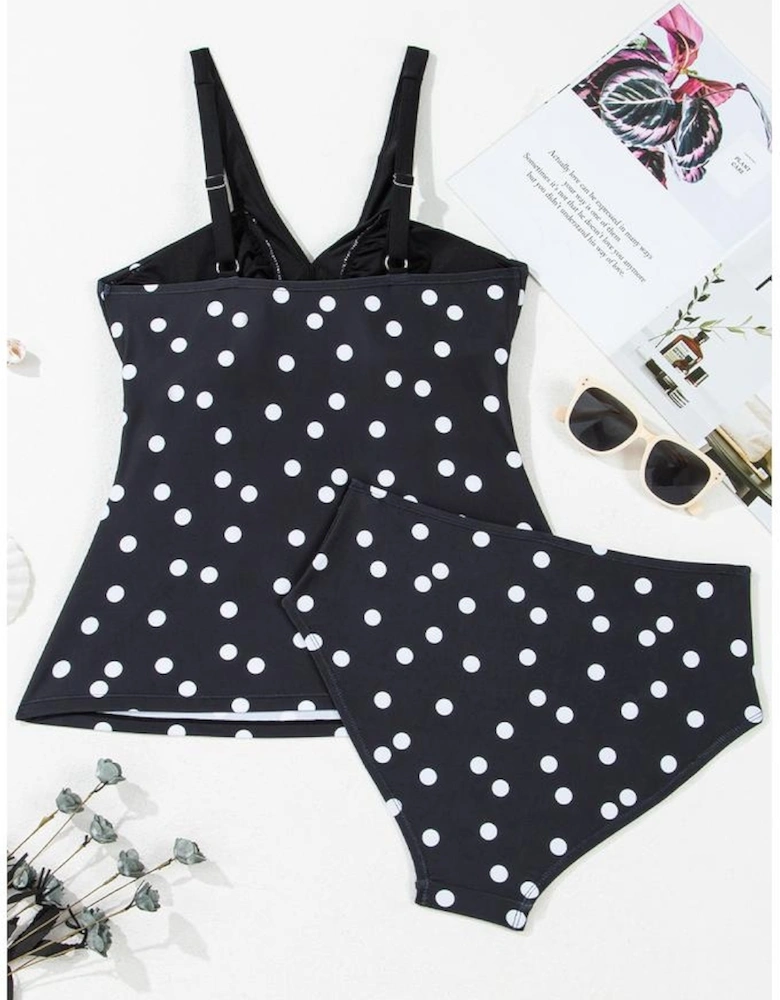 Black Polka Dot Print V Neck Tankini Set