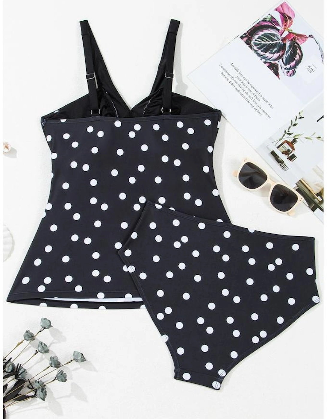 Black Polka Dot Print V Neck Tankini Set