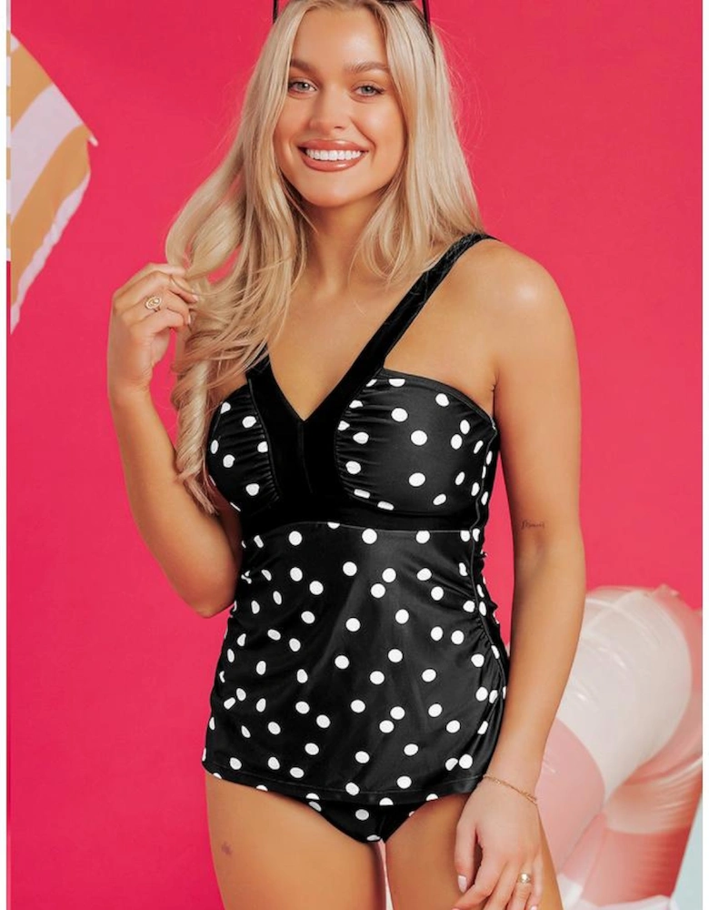 Black Polka Dot Print V Neck Tankini Set