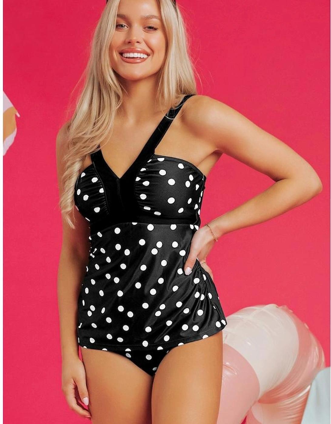 Black Polka Dot Print V Neck Tankini Set