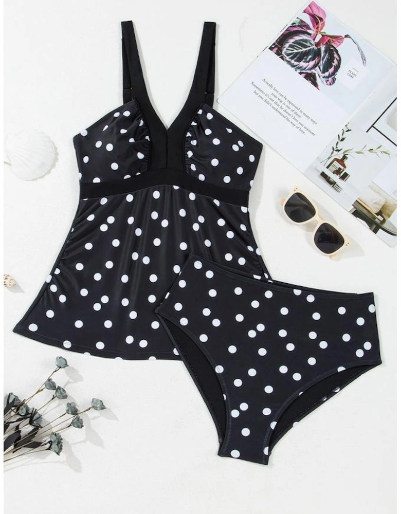 Black Polka Dot Print V Neck Tankini Set