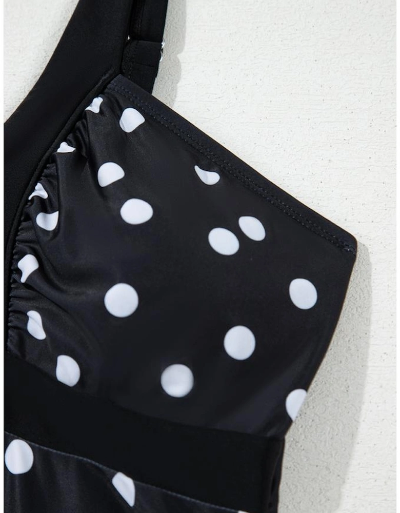 Black Polka Dot Print V Neck Tankini Set