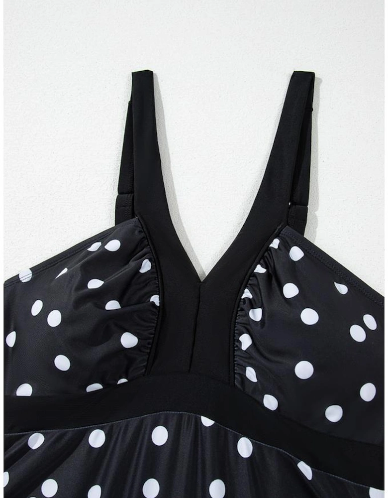 Black Polka Dot Print V Neck Tankini Set