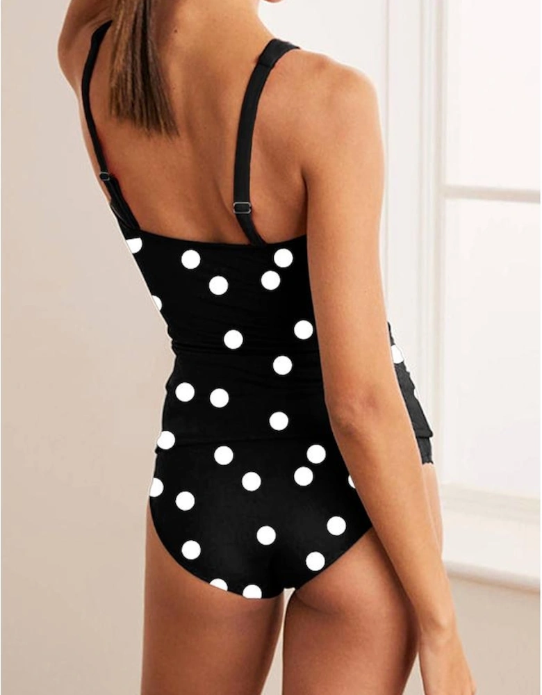 Black Polka Dot Print V Neck Tankini Set
