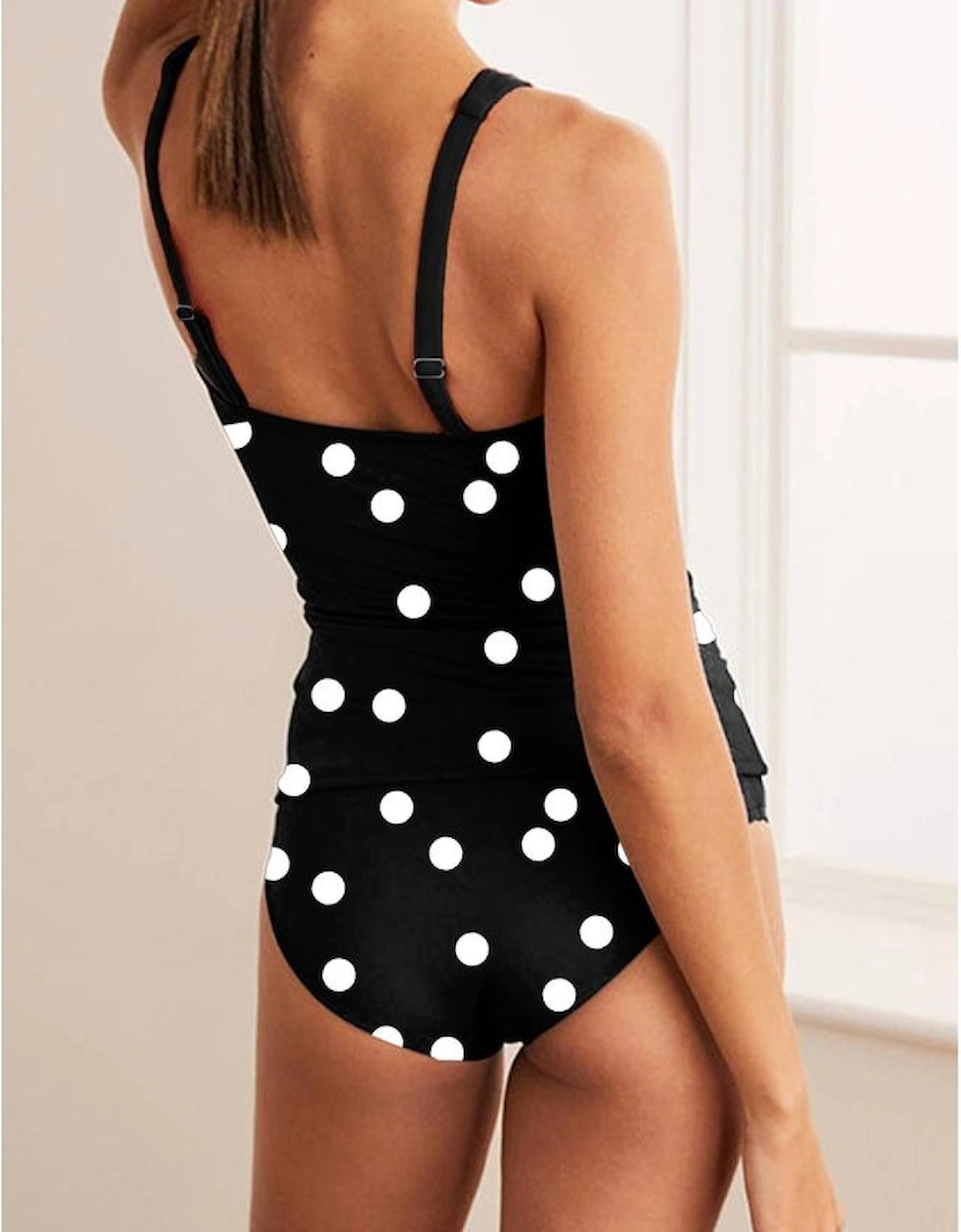 Black Polka Dot Print V Neck Tankini Set