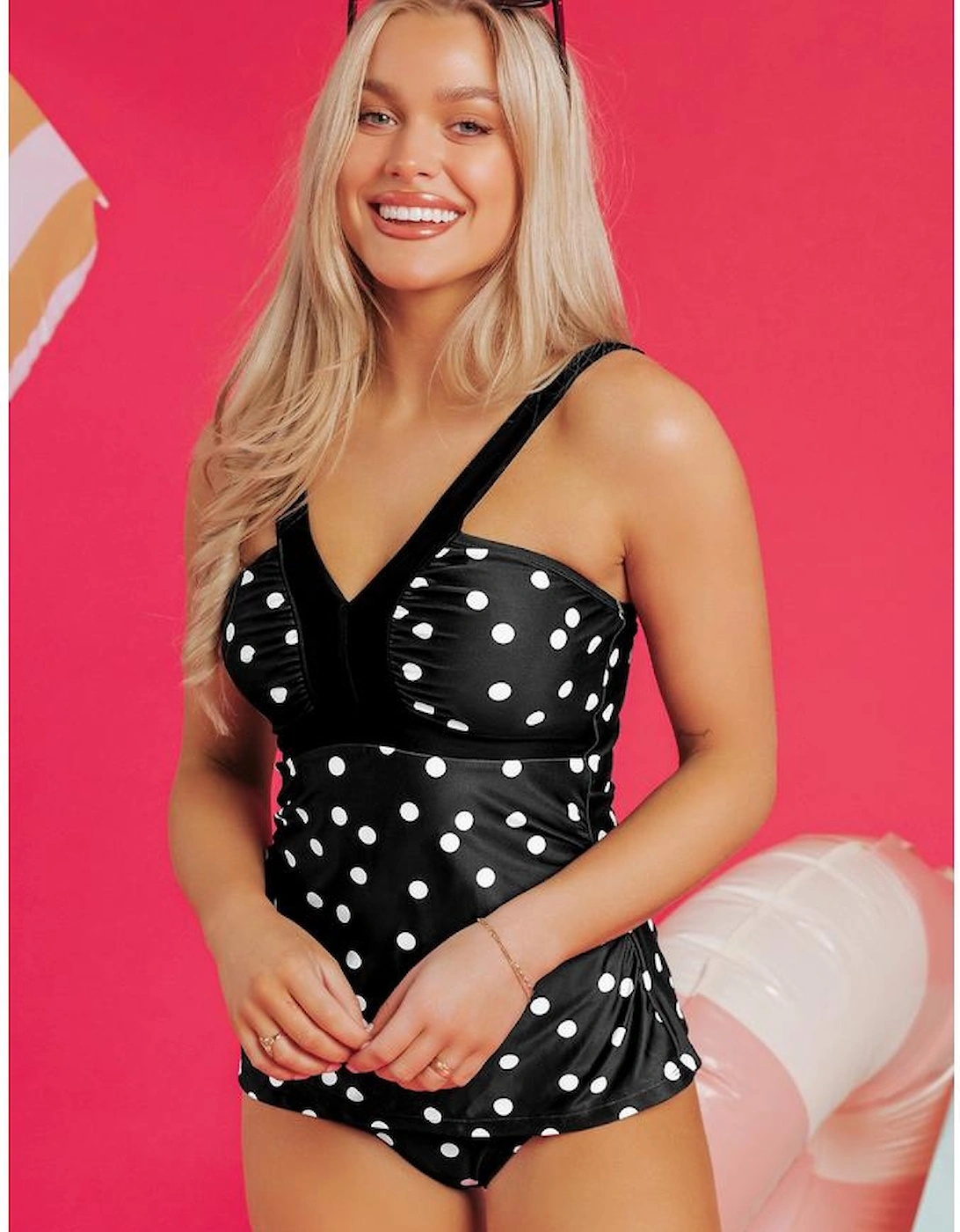 Black Polka Dot Print V Neck Tankini Set