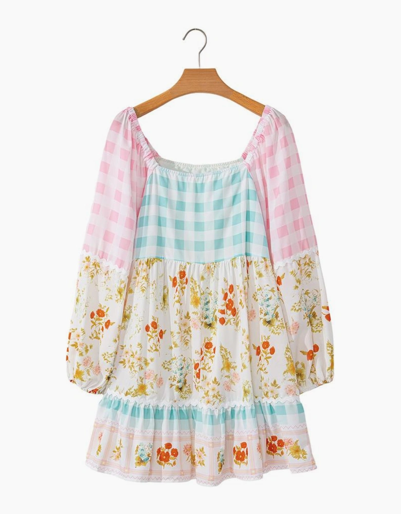 Pink Ric Rac Plaid Floral Print Patchwork Bubble Sleeve Dress