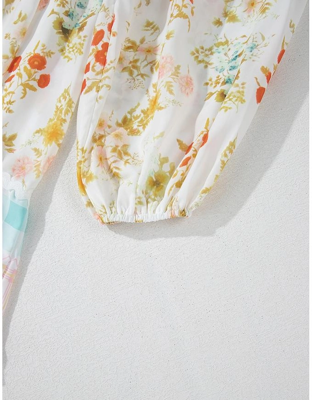 Pink Ric Rac Plaid Floral Print Patchwork Bubble Sleeve Dress