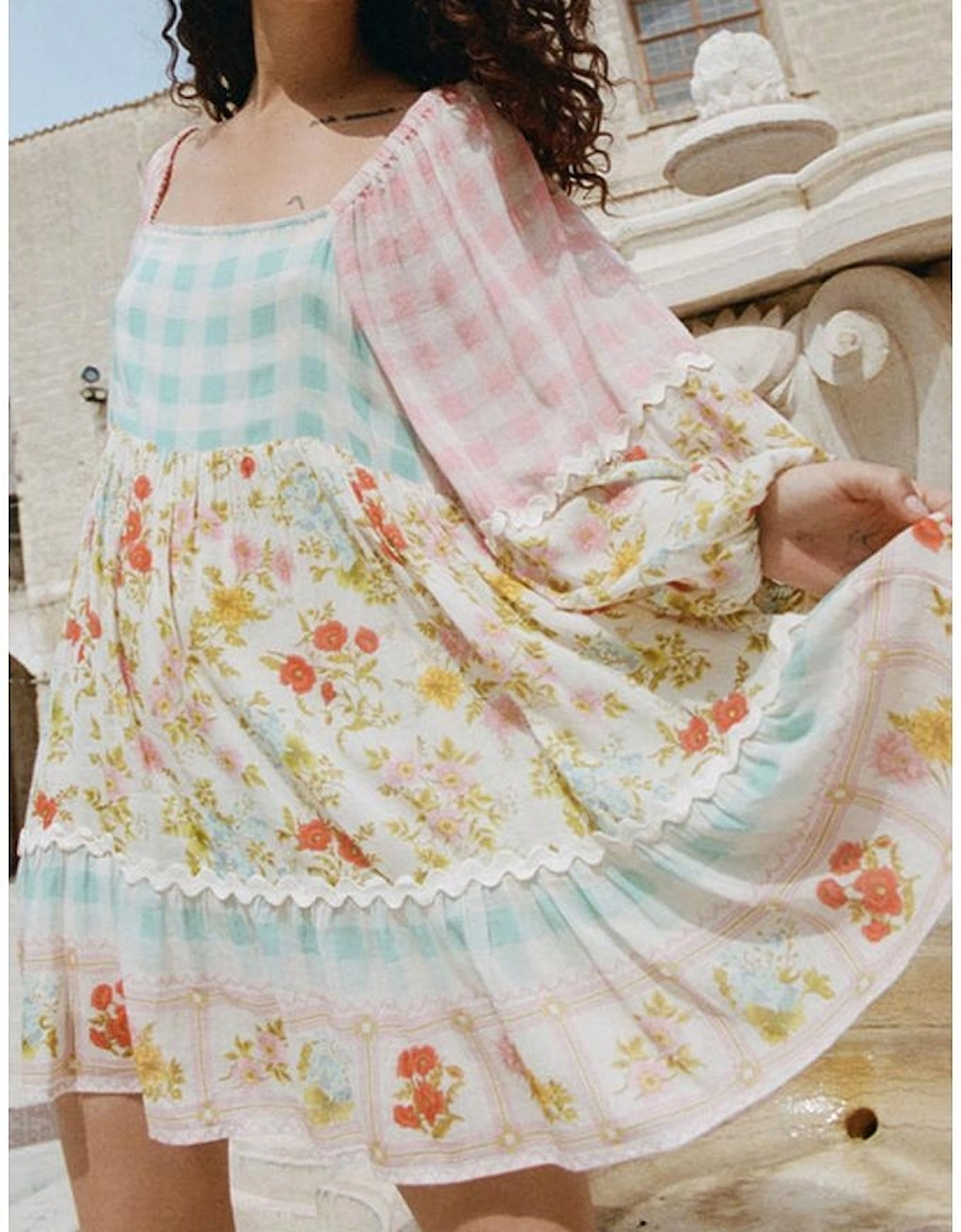 Pink Ric Rac Plaid Floral Print Patchwork Bubble Sleeve Dress