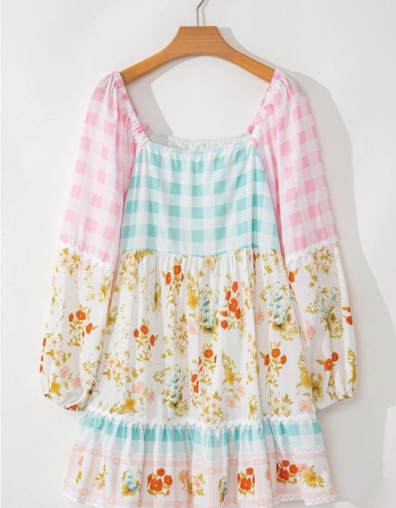 Pink Ric Rac Plaid Floral Print Patchwork Bubble Sleeve Dress