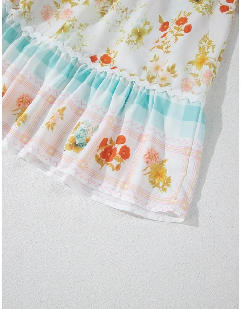 Pink Ric Rac Plaid Floral Print Patchwork Bubble Sleeve Dress