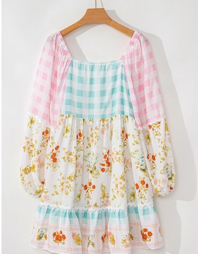 Pink Ric Rac Plaid Floral Print Patchwork Bubble Sleeve Dress