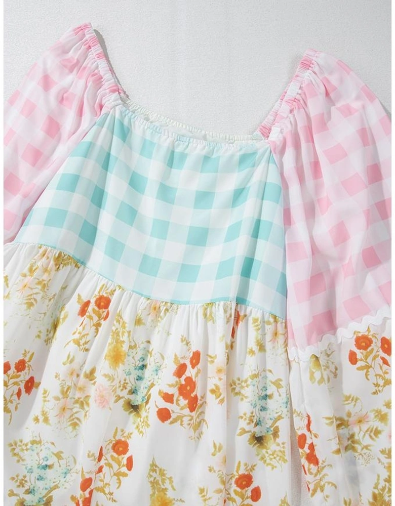 Pink Ric Rac Plaid Floral Print Patchwork Bubble Sleeve Dress