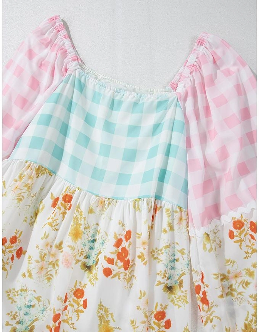 Pink Ric Rac Plaid Floral Print Patchwork Bubble Sleeve Dress