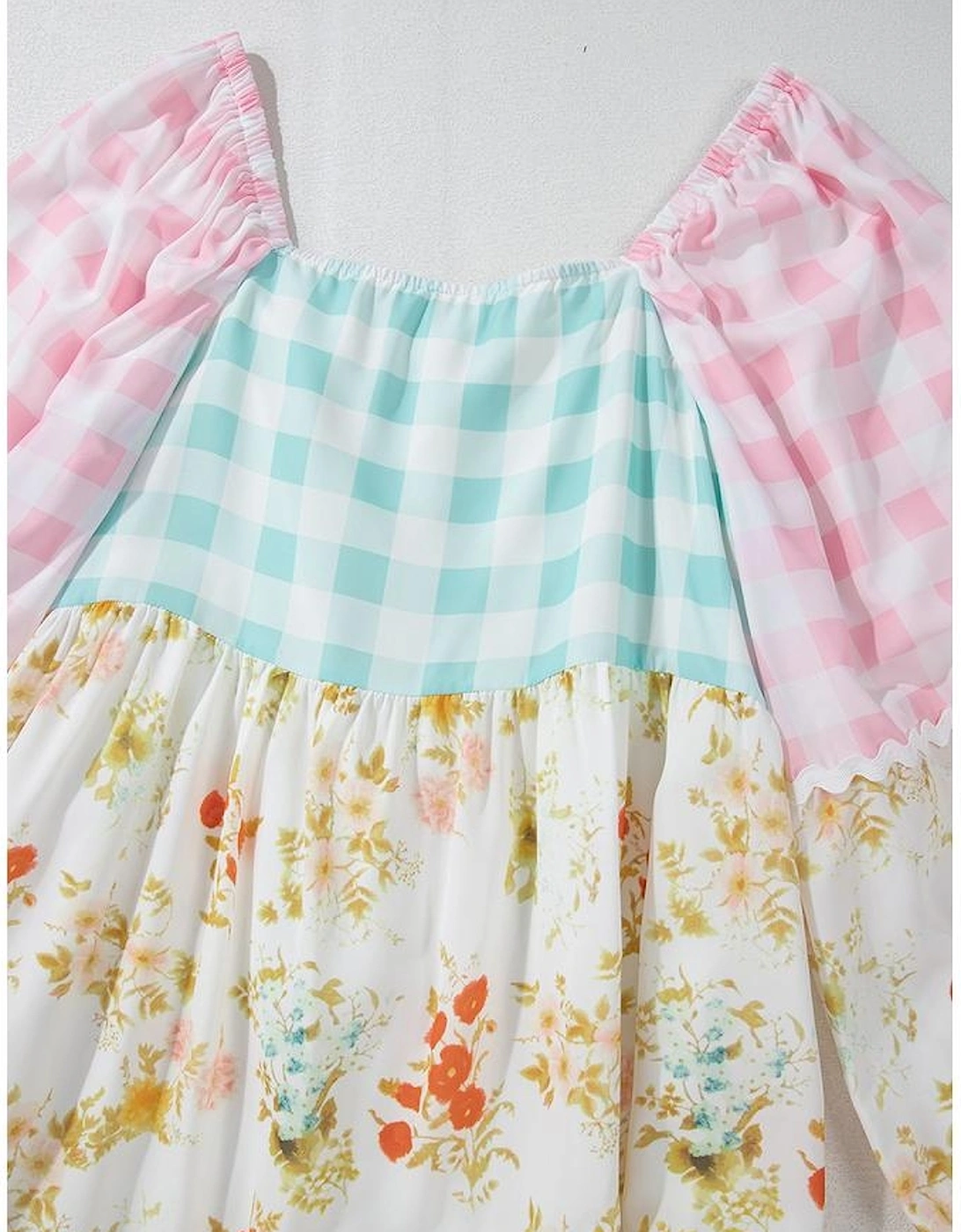 Pink Ric Rac Plaid Floral Print Patchwork Bubble Sleeve Dress