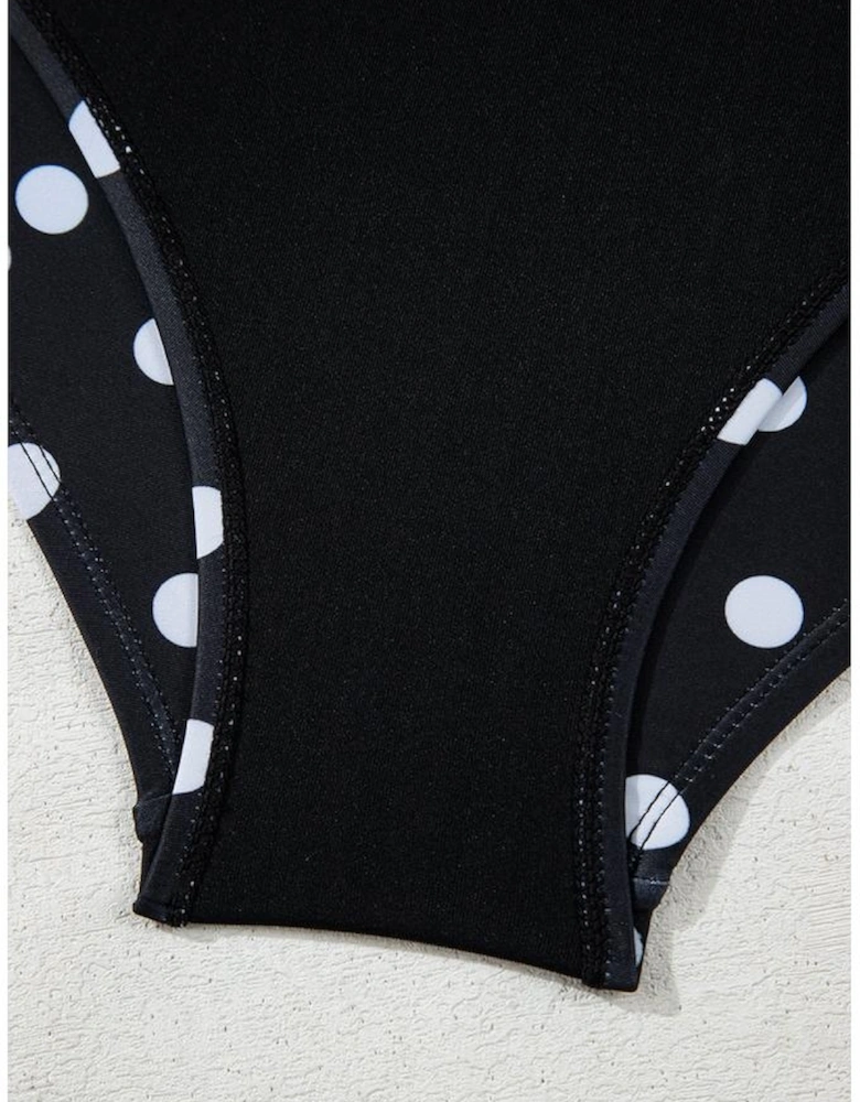 Black Polka Dot Print V Neck Tankini Set