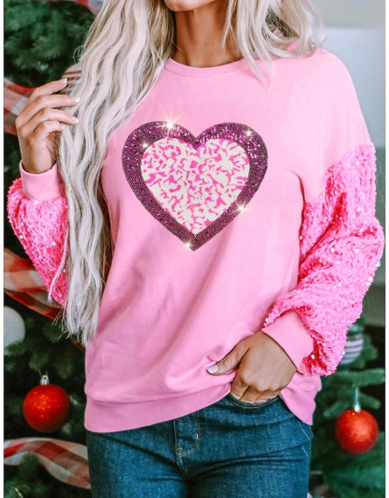 Pink Leopard Heart Graphic Sequin Patchwork Long Sleeve Valentines Top